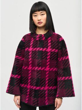 Joseph Ribkoff Tartan Plaid Feather Yarn Jacket Pink Punch Black Sz M ECU 243931